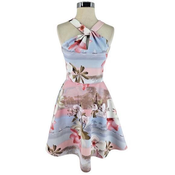Ted Baker London Umerta Floral Skater Minidress fit n flare blue pink UK 2 US 6 - Picture 1 of 4